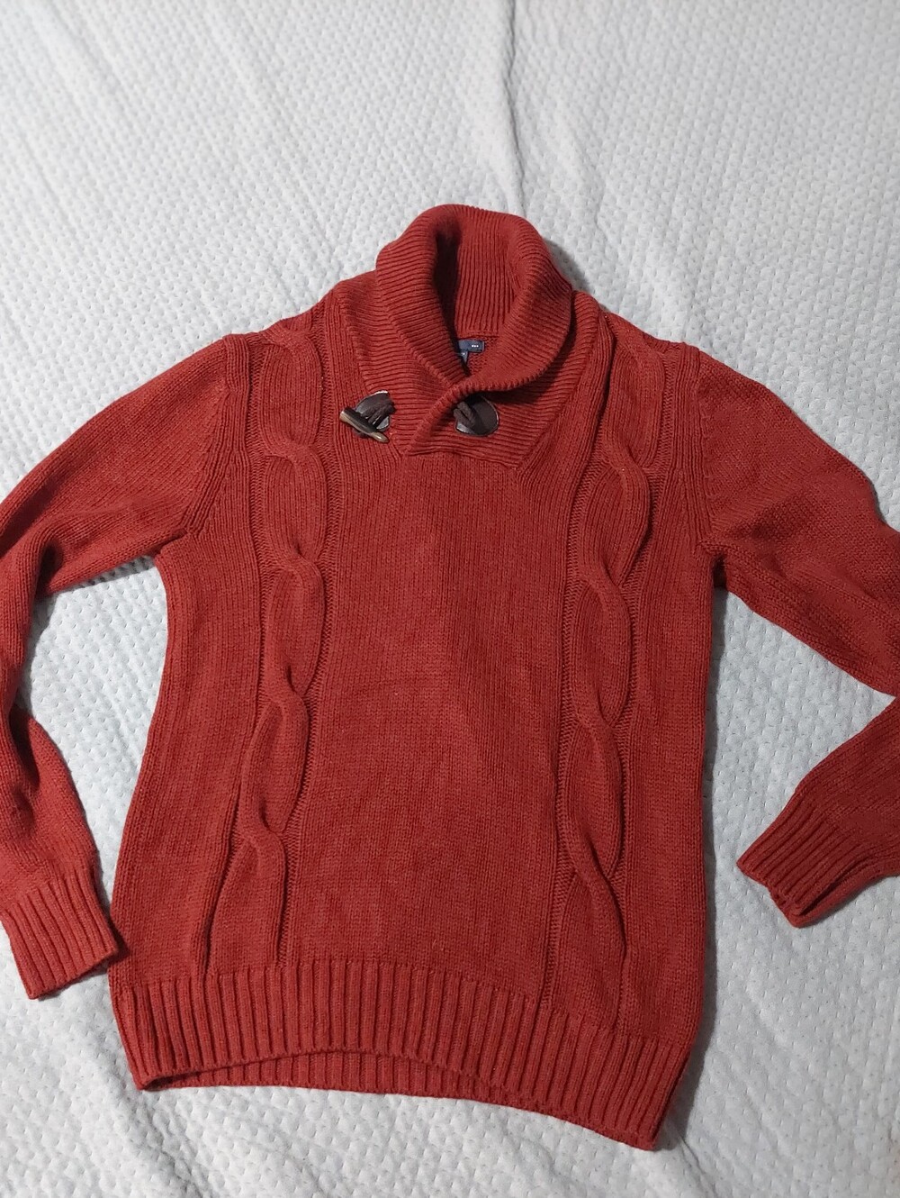 GAP Rust Cable-Knit Shawl Collar Sweater with Toggle Buttons